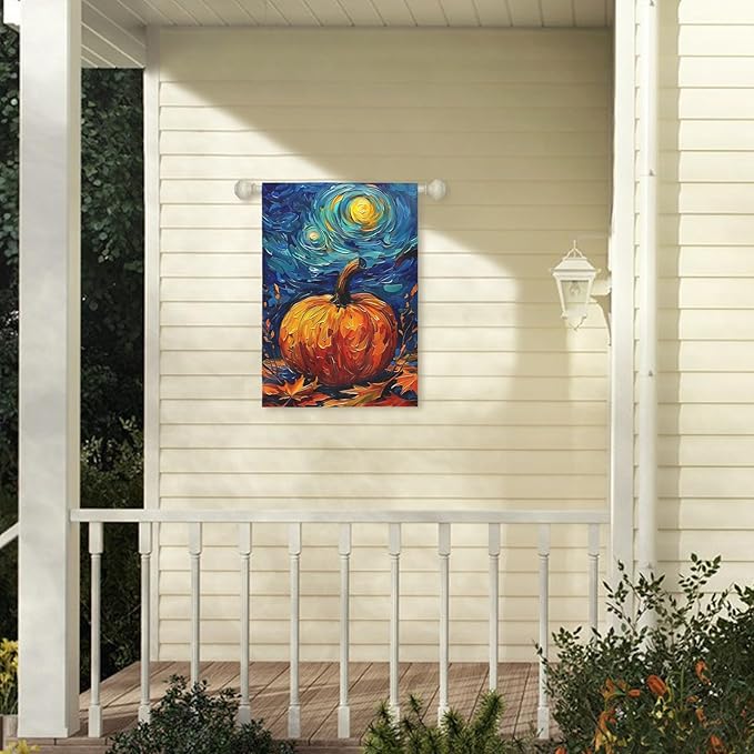 Fall Garden Flag Pumpkin Maple Leaf Yard Flags Van Gogh Wall Banners Art Starry Night Sky Moon Garden Flags Autumn Harvest Thanksgiving House Banner for Patio Farmhouse Outdoor 28 x 40 Inch