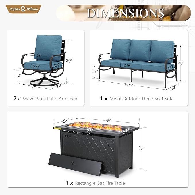 Sophia & William Patio Furniture Sets with 45" Gas Fire Pit Table Outdoor Metal Conversation Sets for 5, 2 x Swivel Cushioned Patio Sofa Chairs, 1 x 3-Seat Sofa 4 Pieces for Lawn Backyard Navy