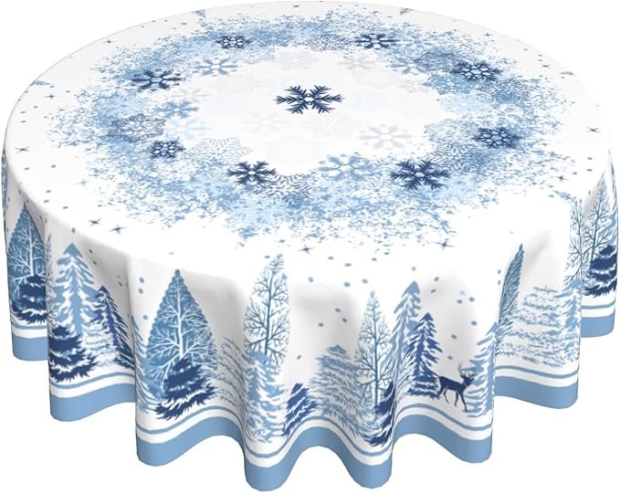 Giwawa Christmas Farmhouse Round Tablecloth 60 inch,Winter Woodland Deer Pine Tree Snowflake Holiday Tablecloths Washable Stainproof Table Cover for Home Restaurant Dining Room Decor