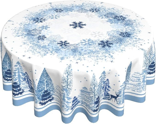 Giwawa Christmas Farmhouse Round Tablecloth 60 inch,Winter Woodland Deer Pine Tree Snowflake Holiday Tablecloths Washable Stainproof Table Cover for Home Restaurant Dining Room Decor