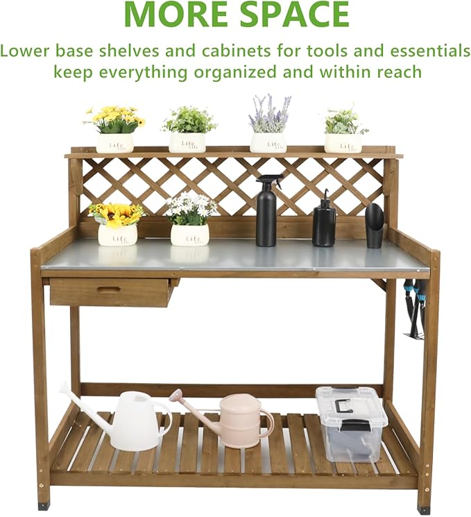 Garden Potting Benches & Tables,Outdoor Wooden Work Station W/Metal Table Top,Drawer,Large Bottom Shelf,Open Shelf Natural Wood-Natural Stained