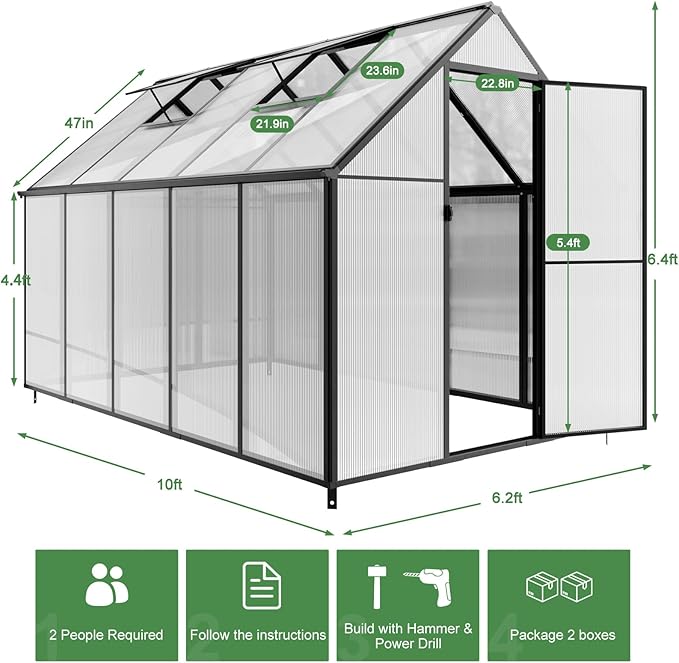 Outdoor Polycarbonate Greenhouse 10x6x6 FT Heavy Duty Aluminum Frame Outsides Green House Kit with Transparent Panels Windows Door for Backyard Garden, Walk in Plant Greenhouses,Black Thick Frame