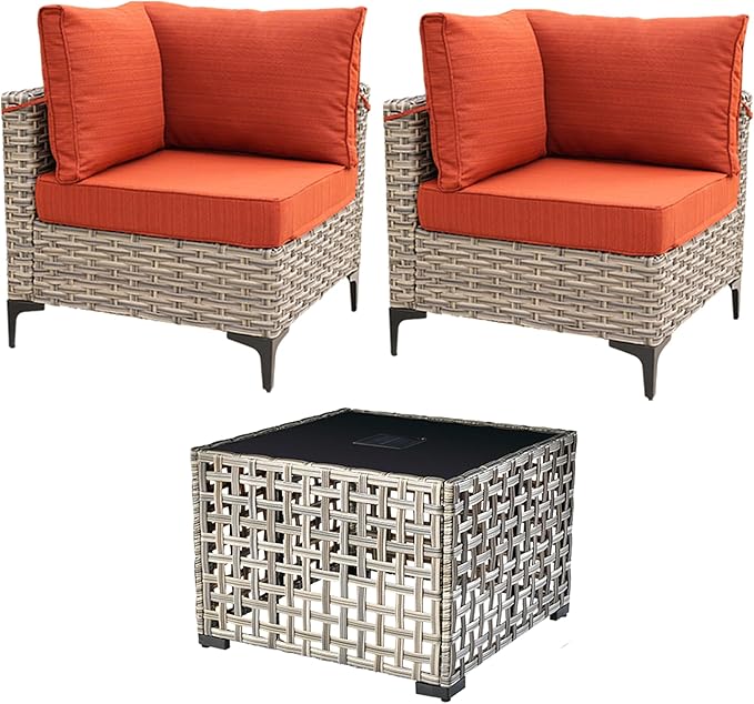 HOOOWOOO 3 Pieces Outdoor Patio Sectional Sets with 2 Single Arm End Corner Chairs and an LED Table,Brick Red