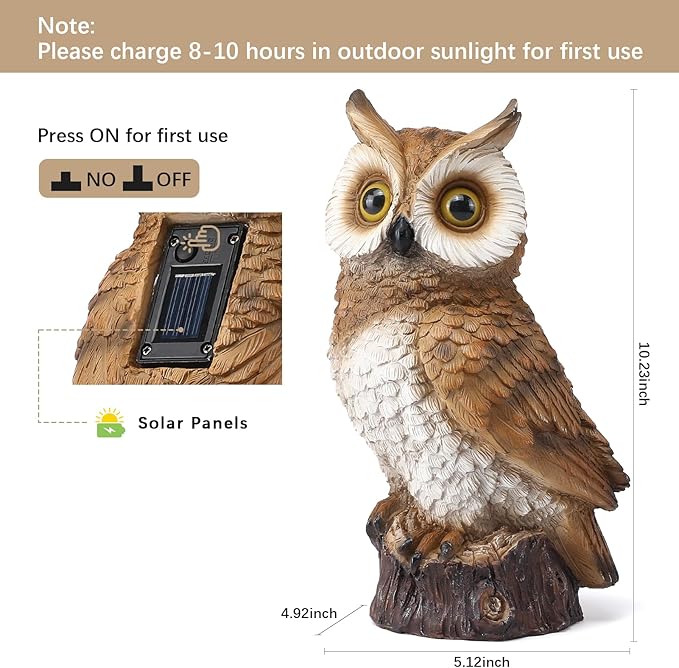 Solar Owl Garden Statues Outdoor Decor Resin Owl Figurine with LED Lights Owl Sculpture for Porch Patio Lawn Yard Decorations Halloween Christmas Housewarming Gifts for Women Mom,Brown Owl