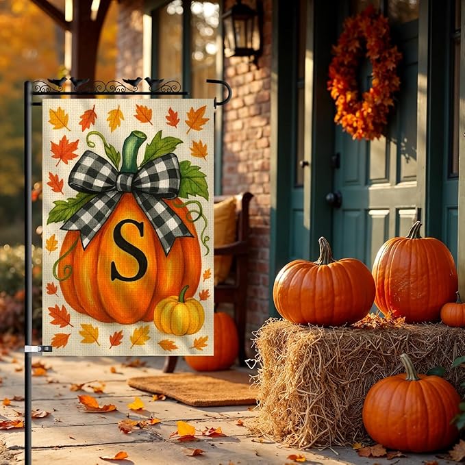 Fall Garden Flags 12x18 Double Sided – Pumpkin Monogram Garden Flag S – Fall Yard Flags for Outside Burlap, Weatherproof & Fade Resistant, Farmhouse Outdoor Décor