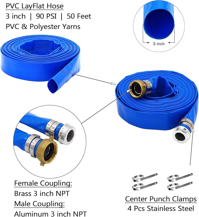 DAVCO 3" ID × 50 ft Pool Backwash Hose, Heavy Duty Reinforced Blue PVC Lay Flat Water Discharge Pump Hoses For Swimming Drain Pools and Clean Filters, With Aluminum Pin Lug Fittings