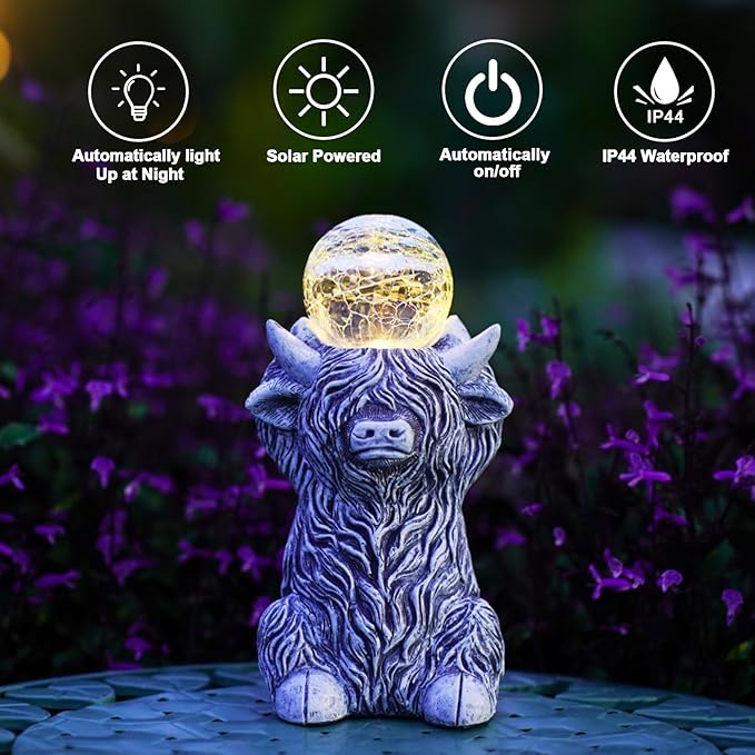 Goodeco Highland Cow with Solar Gazing Ball Lights – 8.2 Inch Garden Statue for Home & Outdoor Decor, Highland Cow Gifts for Yard & Patio (Gray)