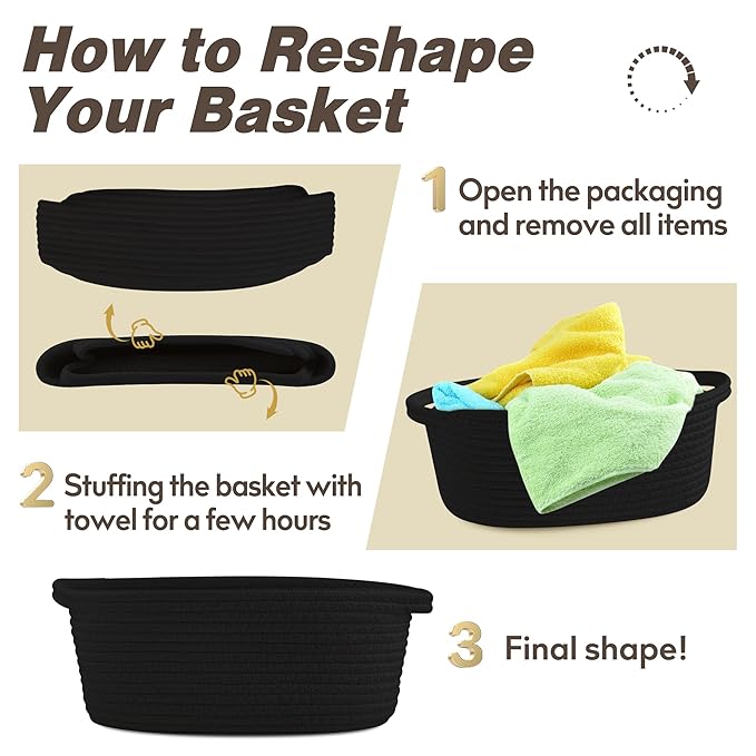 Pro Goleem Small Woven Basket with Gift Bags and Ribbons Durable Baskets for Gifts Empty Small Rope Basket for Storage 12"X 8" X 5" Baby Toy Basket with Handles, Black