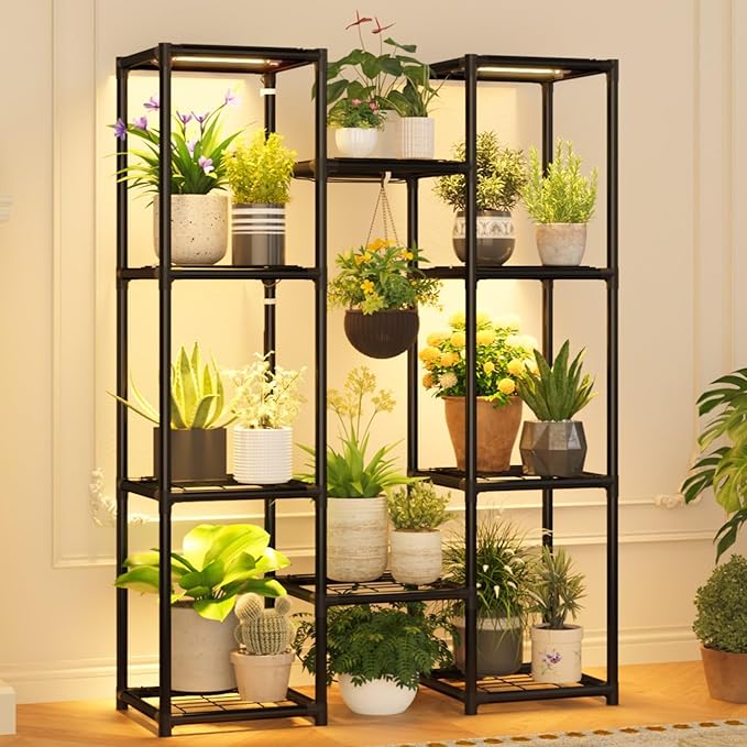 Plant Stand With Grow Lights Plant Stand Indoor Plant Shelf Metal Plant Rack Plant Holder Flower Pot Stand for Multiple Plants for Living Room Patio Balcony Garden Porch Black