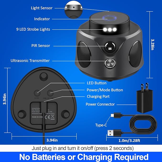 Mice Repellent Indoor,Upgraded Rodent Repellent, Ultrasonic Powerful 360° Pest Repellent with 3 Sided Sensing 9 Strobe Lights,Bat Squirrel Mouse Repellent for Home Attic Garage Houses Barns Warehouse