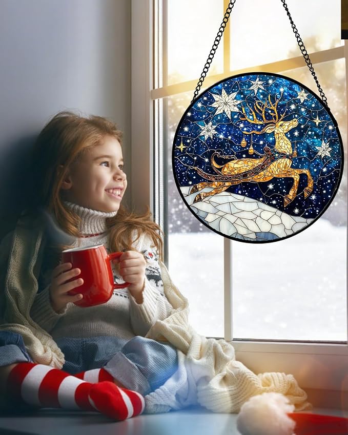 Stained Glass Window Hanging - Reindeer Blue Starry Sky Suncatcher for Doors Home Christmas Decoration Winter Sun Catcher Thanksgiving New Year Birthday Gifts for Women Men Mom Nana 6.3 in