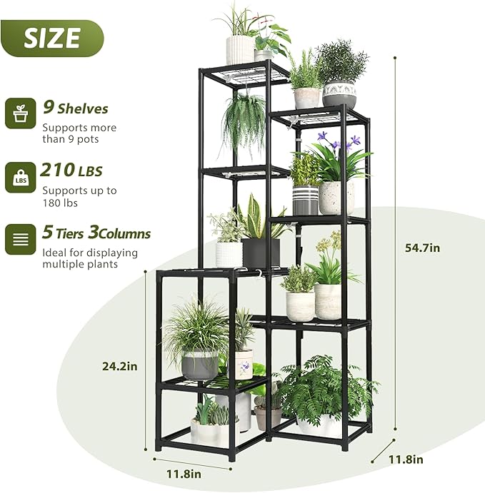 Corner Plant Stand With Grow Lights Plant Stand Indoor Plant Shelf Metal Plant Rack Plant Holder Flower Pot Stand for Multiple Plants for Living Room Patio Balcony Garden Porch Black