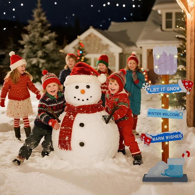 Lighted Let It Snow Winter Welcome Porch Sign, Christmas Wood Snow Shovel Warm Wishes Standing Sign Decorations,Xmas Hat Gloves Candy Cane Sign For Indoor Outdoor Yard Decor