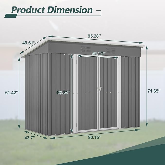 4x8 FT Lean to Outdoor Storage Shed with Floor,Metal Shed W/Lockable Door,All Weather Waterproof Garden Tool House W/ 2 Air Vents,for Backyard,Patio,Lawn,Garden,Gray