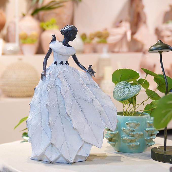 DiliComing Fairy Garden Accessories Outdoor Statue - 14.5 Inch Table Decor for Living Room Garden Maiden Bookshelf Decor Xmas Resin Holly Leaves Maiden White Statue