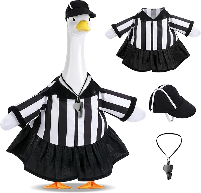 3 Pcs/Set Referee Porch Goose Outfits, Lawn Goose Statue Women Referees Costume, Garden Goose Clothes Referee Dress Hat and Whistle for 23" Statue Halloween Sports Season Outdoor Patio Yard Decor