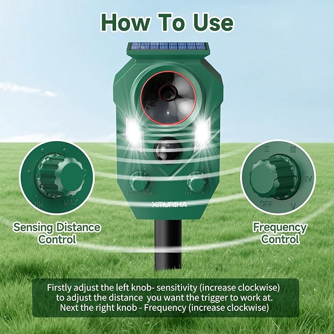 Solar Ultrasonic Animal Repellent Outdoor, 2 Pack Deer Repellent for Yard with RIP Sensor, IP65 Waterproof Squirrels Repeller, Effective Deterrent Cat, Raccoons, Skunks, Rabbits