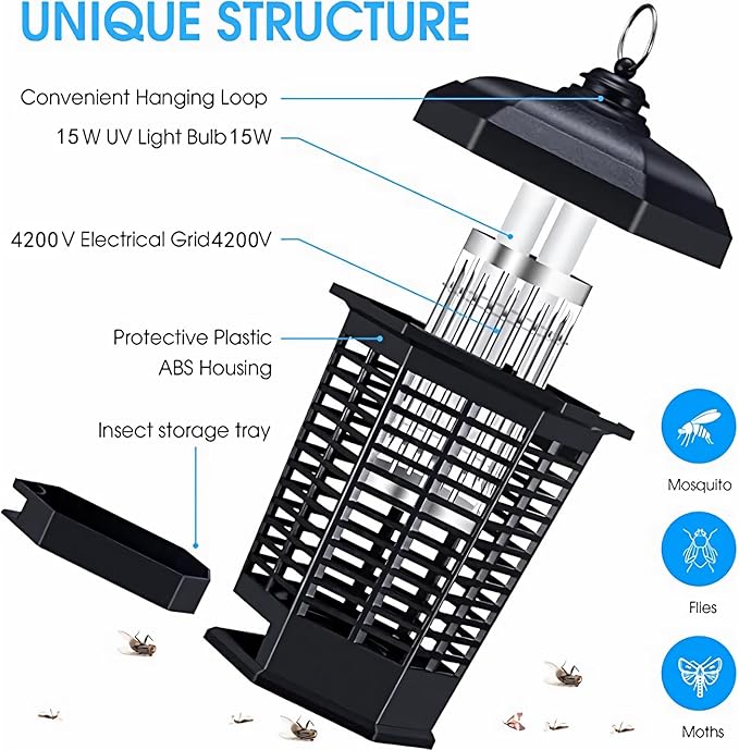 Bug Zapper Outdoor, Mosquitos Zapper, Flying Insects for Indoors 4200V Electric Mosquito Traps 15w Insect Control, Fly Zapper, Insect Trap for Yard, Electric Mosquito Killer for Home
