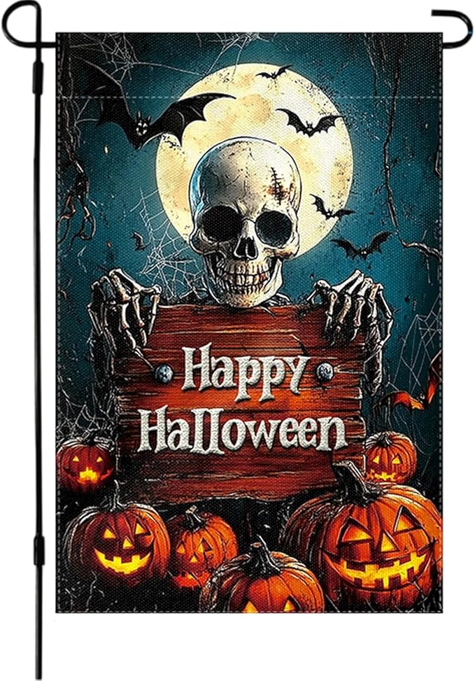 Halloween Garden Flag 12 x 18 Inch Double Sided Skeleton Pumpkin Designs Happy Halloween Fall Autumn Burlap Yard Flag for Outside Rustic Yard Outdoor Holiday Home Decoration