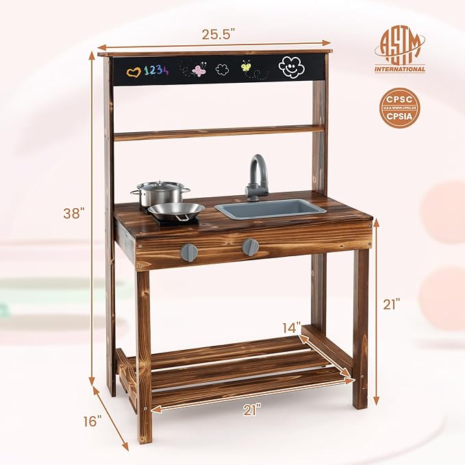 HONEY JOY Mud Kitchen, Fir Wood Outdoor Play Kitchen for Toddlers, Realistic Faucet & Garden Sink, Stoves, Chalkboard, Storage Shelf, Outdoor Kitchen Playset, Mud Kitchen for Kids Outdoor Backyard