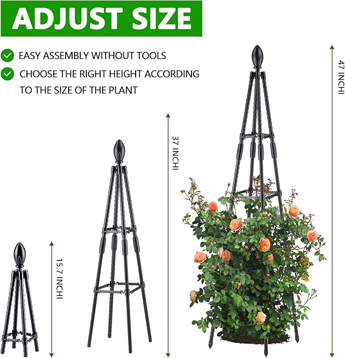 4 Ft Tower Obelisk Trellis for Potted Climbing Plants, Garden Trellis Rustproof Plastic Coated Metal Plant Support for Vegetables, Vines and Rose Bushes