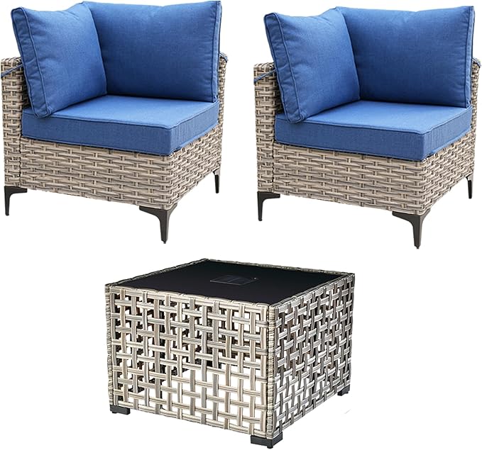 HOOOWOOO 3 Pieces Outdoor Patio Sectional Sets with 2 Single Arm End Corner Chairs and an LED Table,Denim Blue