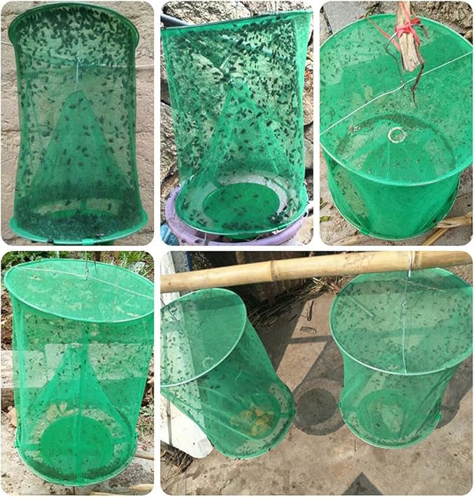 Ranch Fly Trap Outdoor Hanging Reusable with Fishing Apparatus | Food Bait Tray Catcher Cage for Indoor or Outdoor Family Farms, Park (6 Pack)