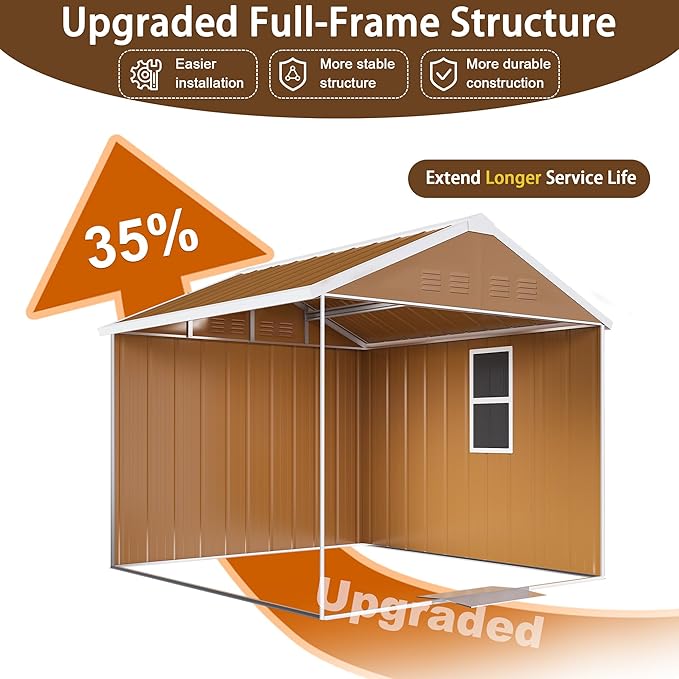 6x4 FT Outdoor Steel Storage Shed with Clear Windows, Sliding Lockable Door & Ventilation, Brown and White Weather-Resistant Metal Tool Shed for Garden, Backyard, Lawn, and Utility Storage