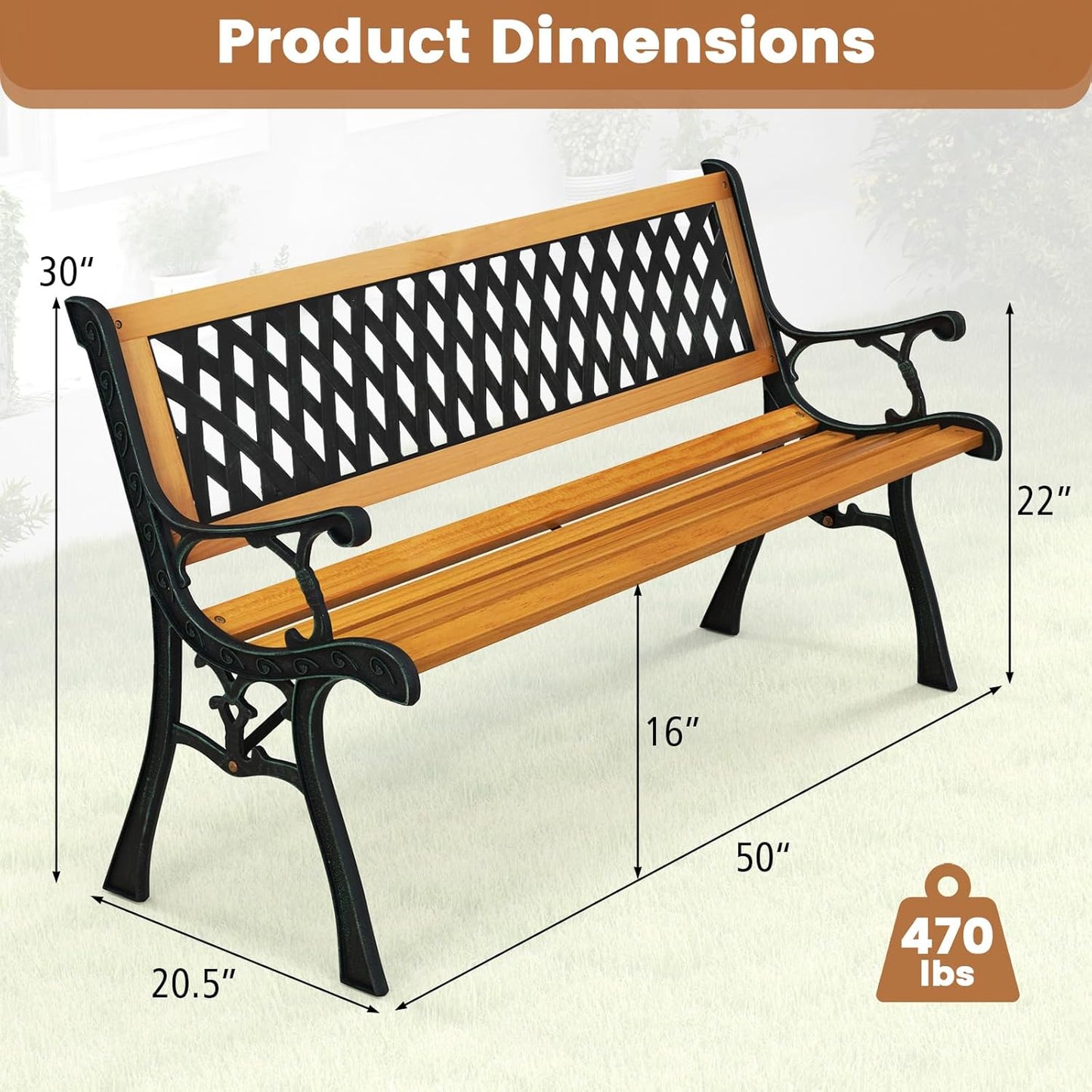 Tangkula Outdoor Garden Bench Park Bench, Patio Bench Chair with Cast Iron & Hardwood Structure, Weather Proof Porch Outdoor Furniture Loveseat, Perfect for Backyard, Deck, Lawn, Poolside