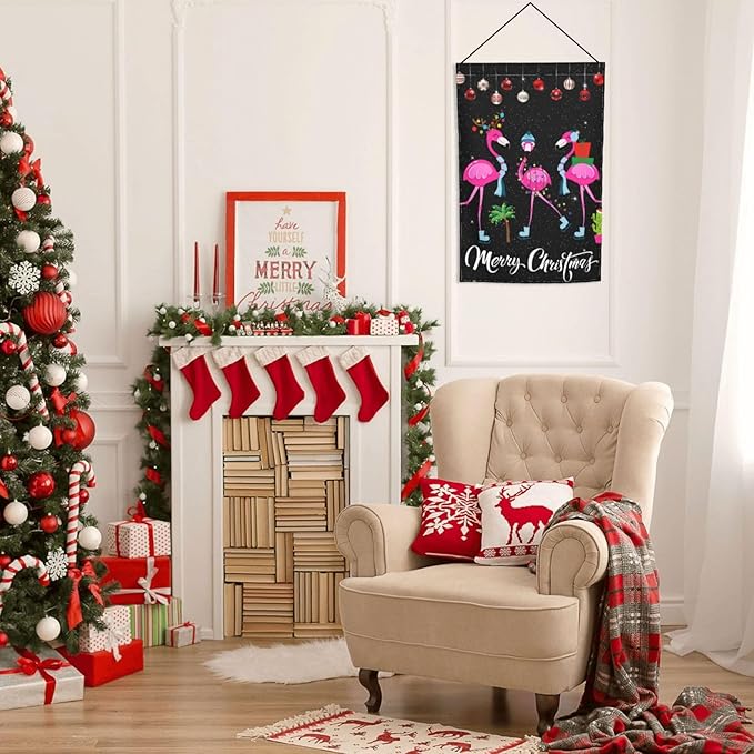 Merry Christmas Flamingo Hawaii Tropical Garden Flag Welcome Party Outdoor Outside Decorations Picks Home House Garden Yard Decor 12x18 Inch