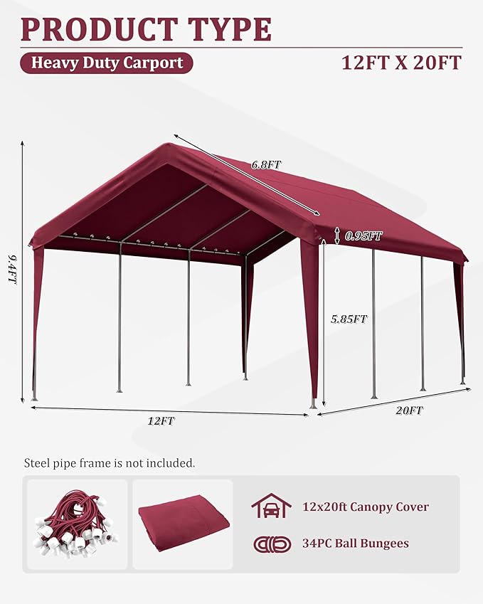 Carport Canopy Replacement Cover 12x20 Heavy Duty Outdoor Portable Car Canopy Oxford Waterproof UV & Tear Resistant Garage Canopy with Ball Bungees (Frame is Not Included)