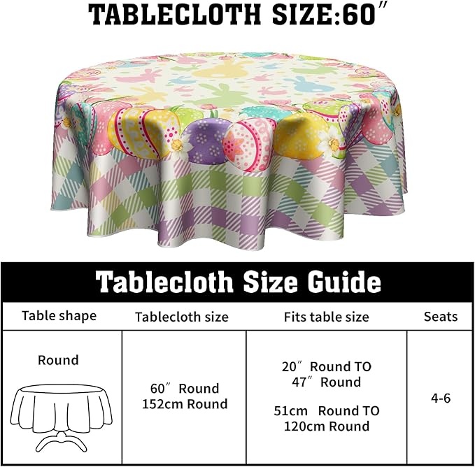 Giwawa Easter Tablecloth Round 60 Inches - Colorful Cute Bunnies Eggs Buffalo Check Plaid Table Cover Washable Stain and Wrinkle Resistant Reusable Table Cloth for Holiday Decor