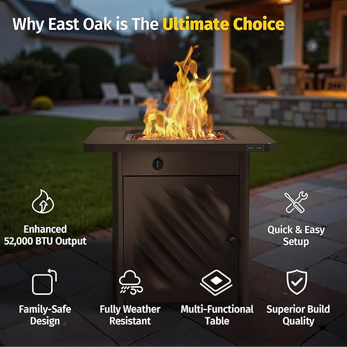 EAST OAK 28” Outdoor Propane Fire Pit Table | 52,000 BTU Gas Fire Pit for Outside with Easy-Hook Lid, Mesh Pocket & Lava Rocks | CSA Certified | Ideal for Patio, Garden & Backyard | Brown