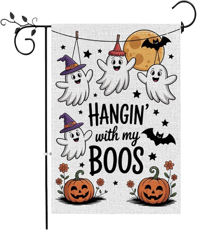 Fokongna Funny Halloween Spooky Pumpkin Garden Flag, Cute Halloween Decor Hangin’ With My Boos, 12x18 Inch Burlap Vertical Double Sided Flags, for Home Yard Outside Decorations