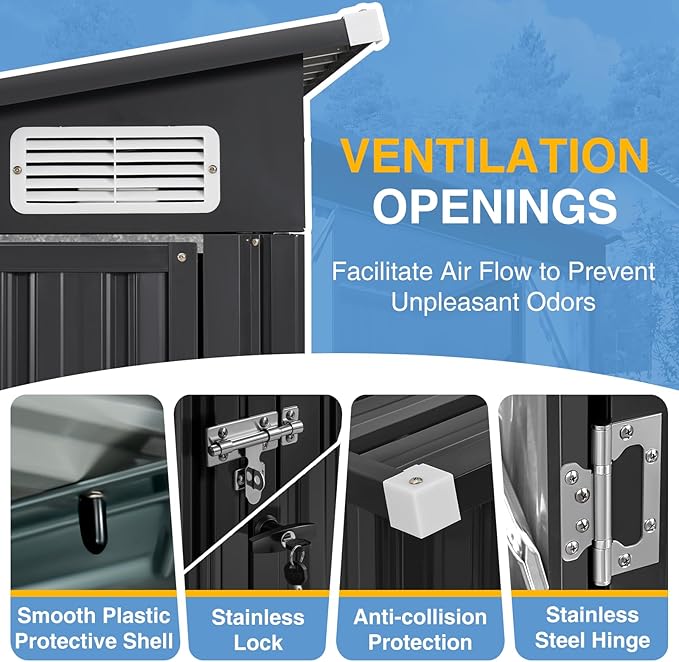 8'x12' Shed Galvanized Steel Storage Sheds with Triple Doors Utility Sheds for Vertical Storage, Dual Lock Lean to Shed with Sloped Roof for Mower, Bike, Garden Tools (Black)