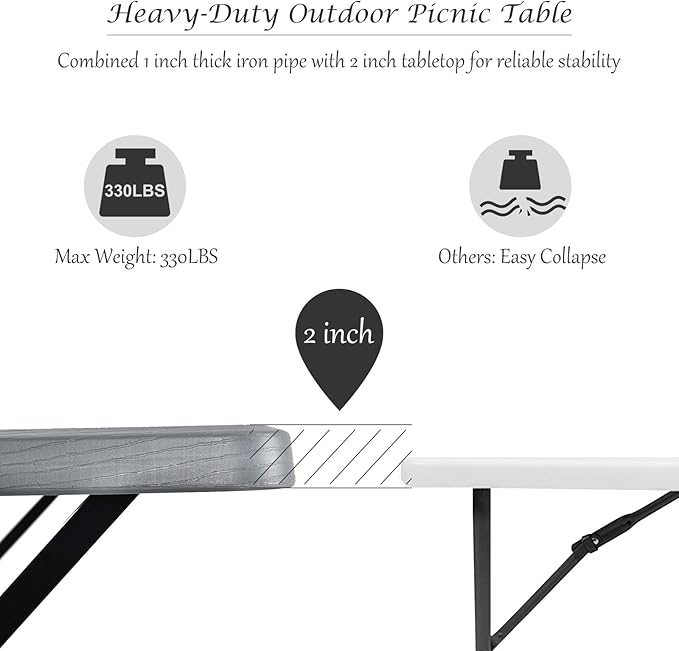 Giantex Picnic Table Bench Set Outdoor Camping All Weather Metal Base Wood-Like Texture Backyard Poolside Dining Party Garden Patio Lawn Deck Furniture Large Camping Picnic Tables for Adult (Gray)