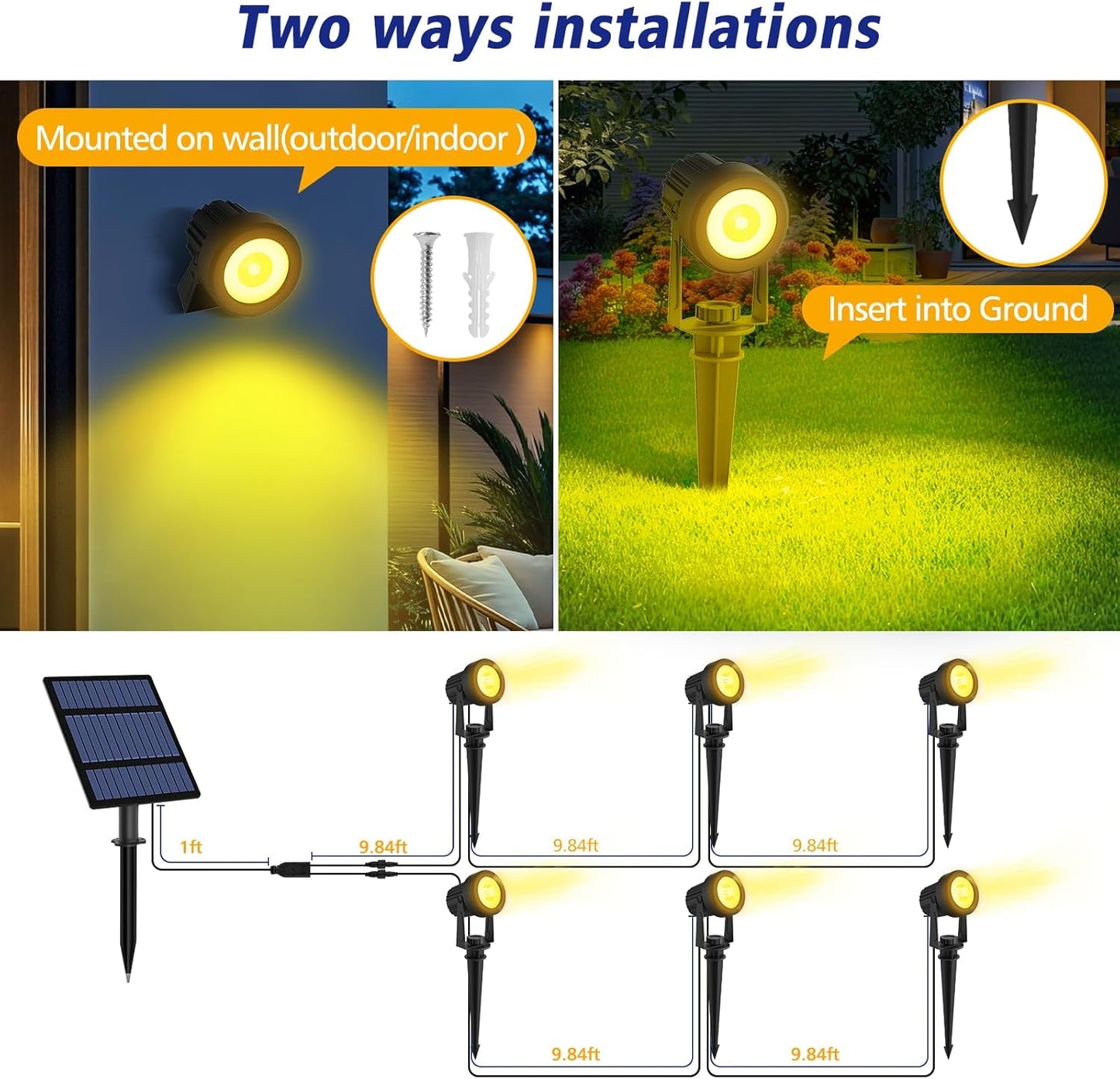 T-SUNUS Halloween Solar Spot Lights 6-in-1 Outdoor Warm White 3000K Landscape Spotlight IP65 Waterproof Separated Panel Spotlights with 9.8ft Cable Auto On/Off for Christmas Tree Lawn Driveway Pathway