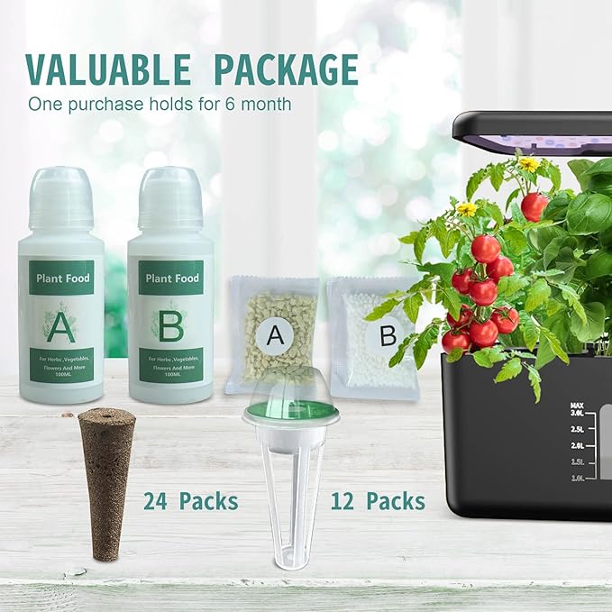 Seed Pods for Hydroponics Growing System - (No Seeds), Hydroponics Supplies with 24 Grow Sponges, 12 Planting pods,2 Set a&b Hydroponic Nutrient Plant Food,28 Stickers,12 Seeding Cover
