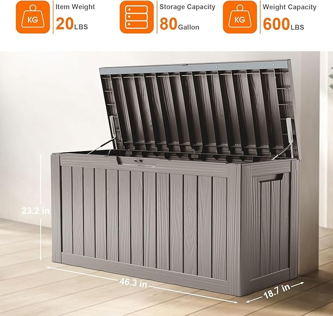 80 Gallon Resin Deck Box, Lockable Outdoor Storage Box for Patio Cushions Storage Furniture,Garden Tools, Pool Supplies, Weatherproof and UV Resistant- Grey (80 Gallon)