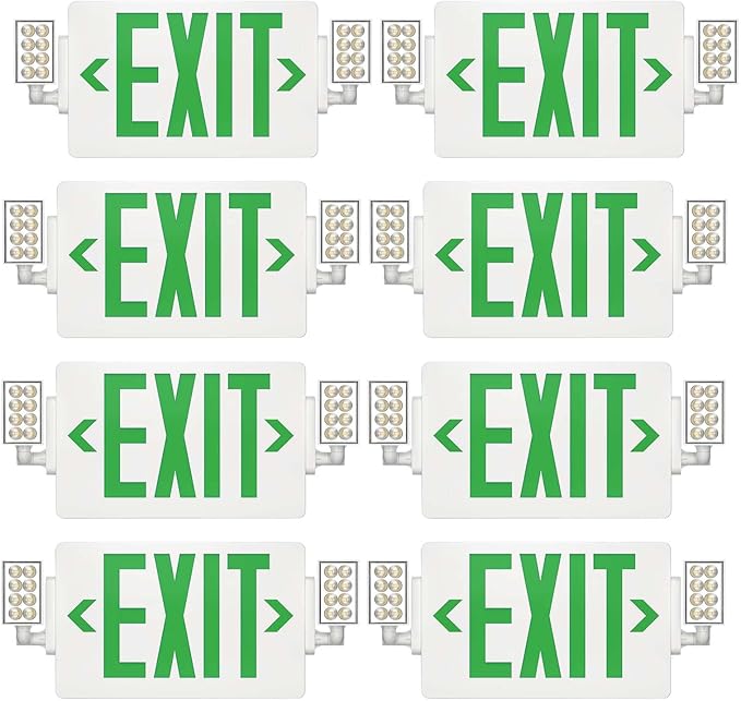 Spectsun 8 Packs Exit Signs with Emergency Lights,120-277VAC-LED Combo Emergency Light with Backup Battery-Double Face UL Listed Green Letter Exit Sign Lighting-Hard Wired-Fire Resistant