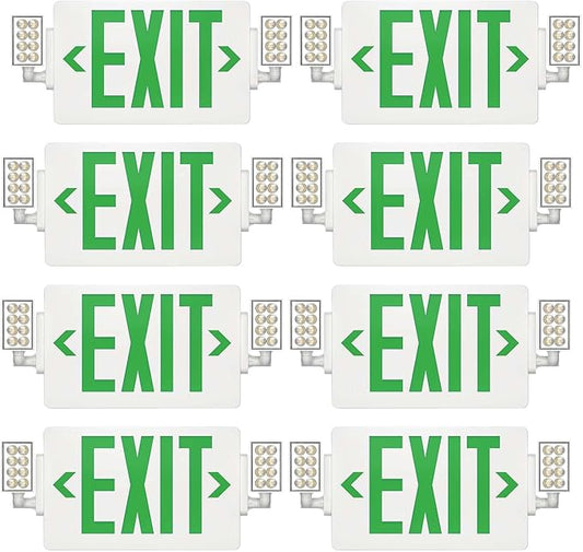 Spectsun 8 Packs Exit Signs with Emergency Lights,120-277VAC-LED Combo Emergency Light with Backup Battery-Double Face UL Listed Green Letter Exit Sign Lighting-Hard Wired-Fire Resistant