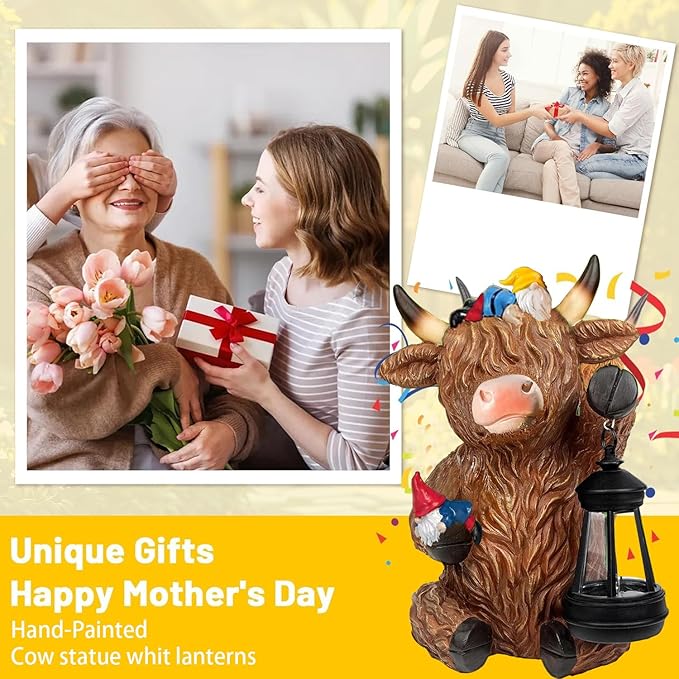 Solar Highland Cow Gnome Garden Decor Statue with Solars Lights, Funny Garden Statues Highland Cows Gifts for Women Mom Gnome Figurine for Yard Patio Lawn Home Ornaments