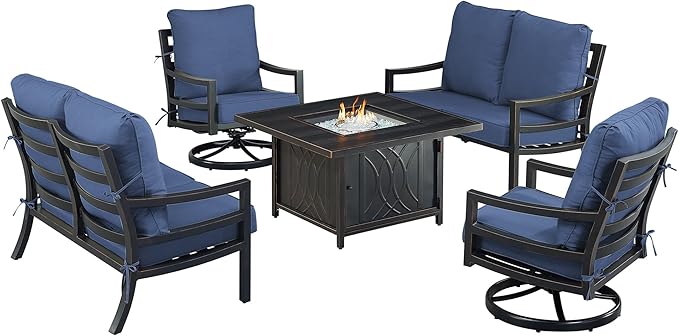 Oakland Living Black Aluminum Patio Fire Table Set with Two Deep Seating Loveseat with Cushions and Two Club Chairs with Blue Cushions