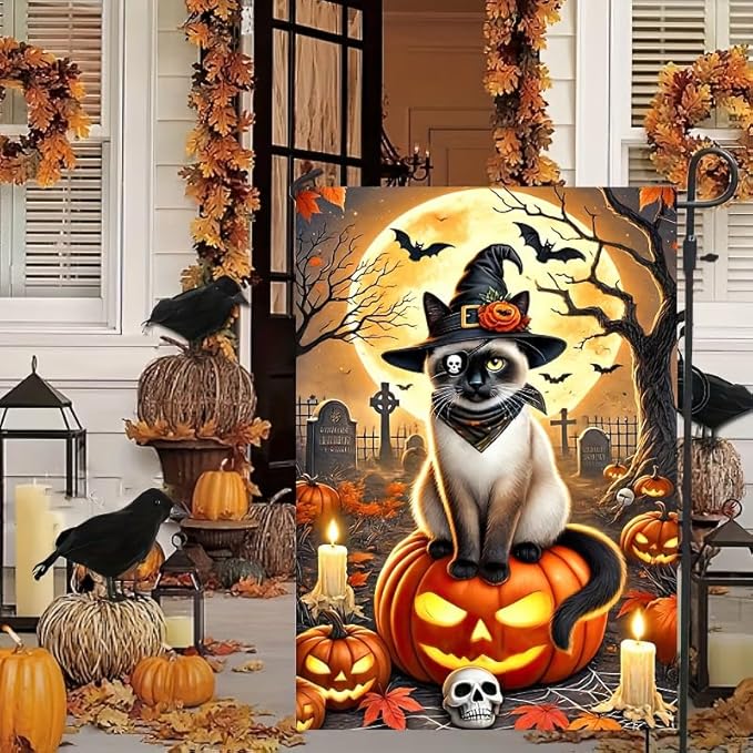 Happy Halloween Garden Flag Double Sided 12x18 Halloween Pirate Witch Cat Garden Flag Graveyard Full Moon Pumpkin Flag Holiday Outside Decorations Banner