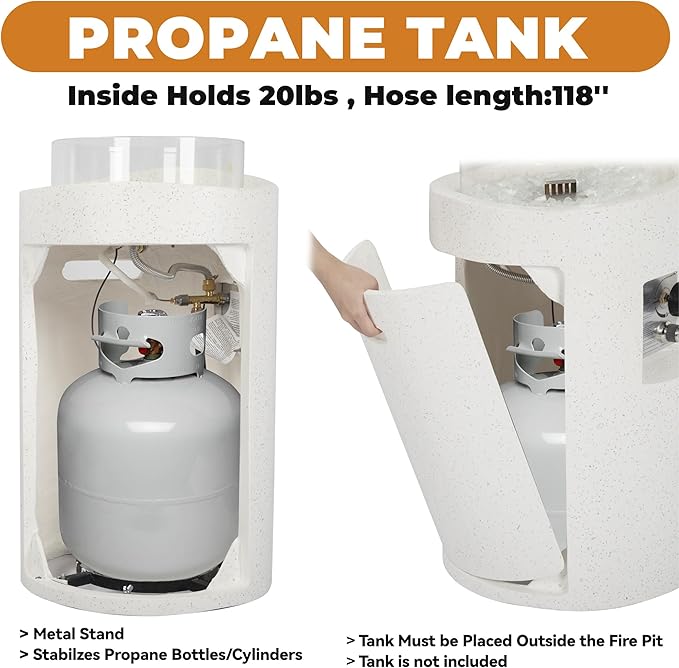 Outdoor Cylinder Propane Fire Pit Table – Premium Terrazzo-Like MgO Finish, Sturdy & Waterproof Gas Fire Table with Glass Wind Guard for Patio, Garden & Backyard, Includes Rain Cover & Glass Bead