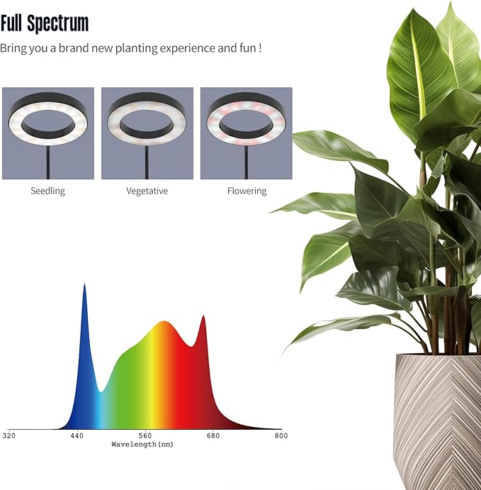 GLOWRIUM Grow Lights for Indoor Plants, 36W Full Spectrum 2-Head LED Plant Light with Stand, Adjustable Height, 3/9/12H Timer, 6 Dimmable Levels & 3 Lighting Modes(Black-Double Head)