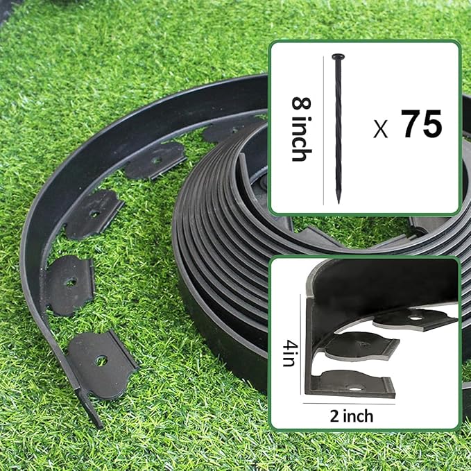 49FT Landscape Edging, 4 in Tall Garden Edging Borders with 75 Spikes,Flexible No Dig Lawn Edging Plastic Borders for Garden, Flower Beds, Pavement-Black