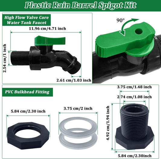 Plastics Rain Barrel Spigot Kit, High Flow Valve Core Water Tank Faucet+PVC Bulkhead Fitting,3/4 NPT to 3/4 GHT Rain Barrel Spigot for Plastic Bucket rainwater Drum Container Downspout Collector in