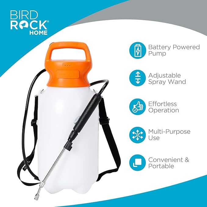 BIRDROCK HOME Garden Sprayer with Battery Powered Pump - Stainless Steel Wand, Rechargeable, Adjustable Spray, & Portable for Lawn, Garden, Plants, and Cleaning - White Translucent Body - 2-Gallon