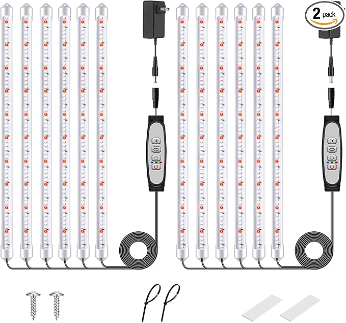 6 Bars Grow Light Strips for Indoor Plants with Auto ON/Off Timer 6/12/18H, 5 Dimmable Levels for Shelves Plant Growing(Pack 2)